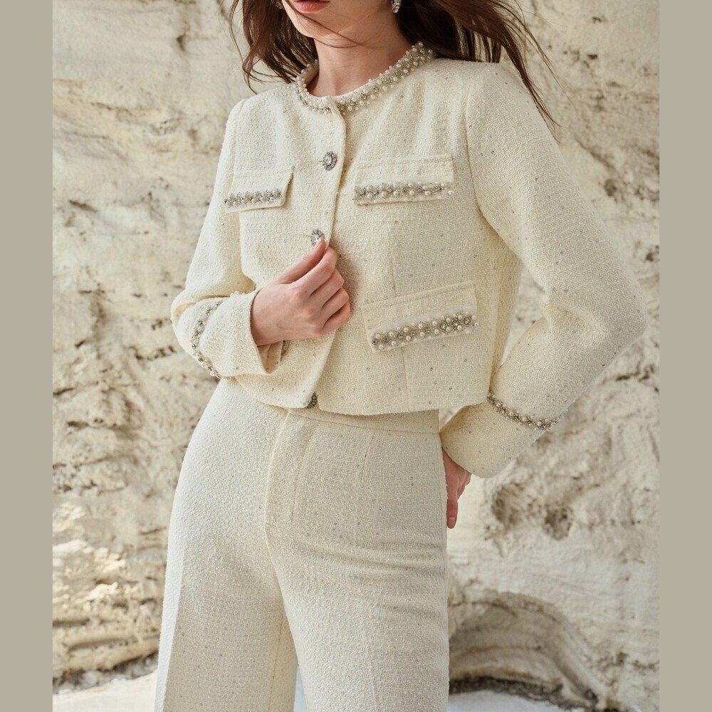 Cream Tweed Pearl Trim Crop Jacket